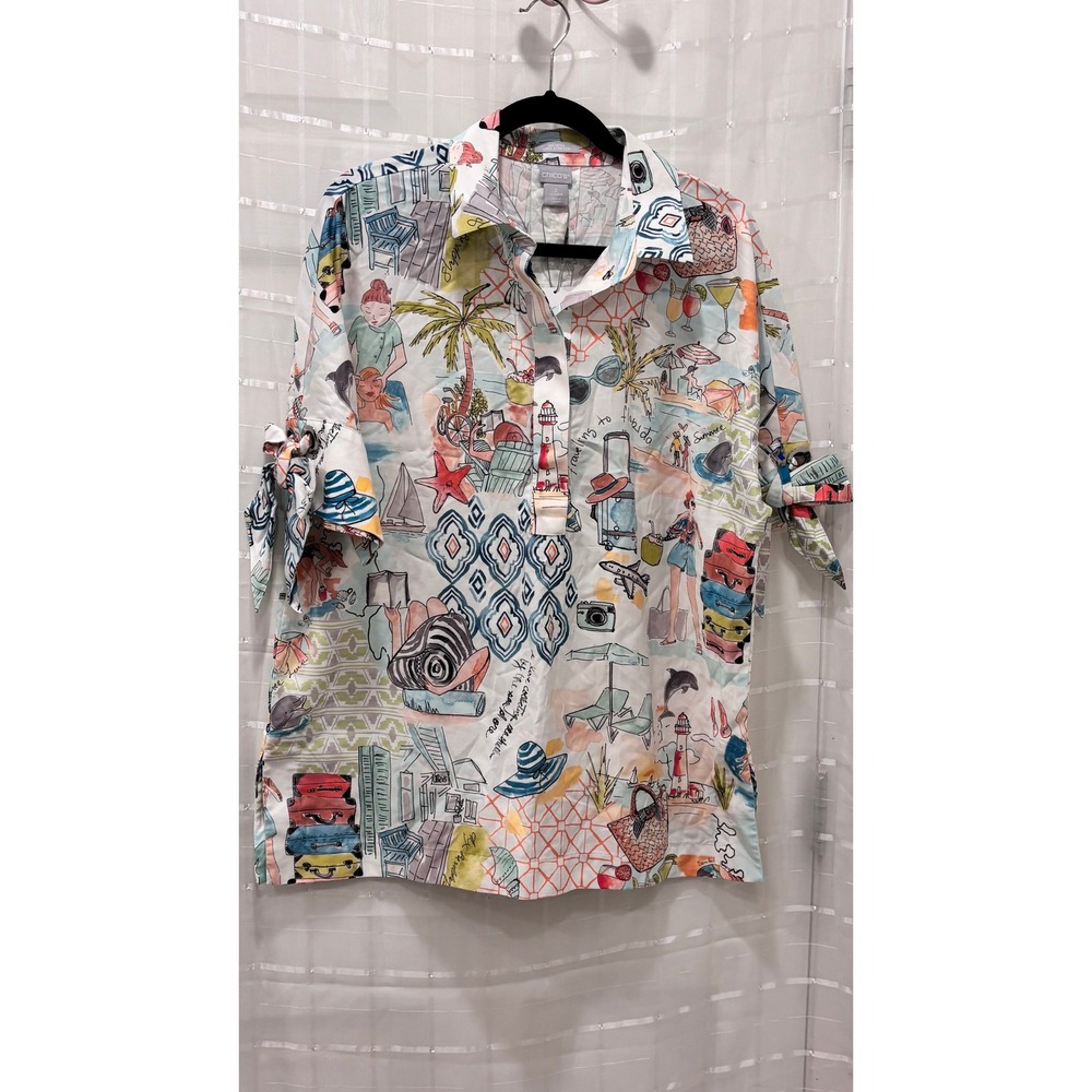 Chicos No-Iron Chic Stretch Vacation Print Tunic Top White Size 2 US 12 Tie Cuff